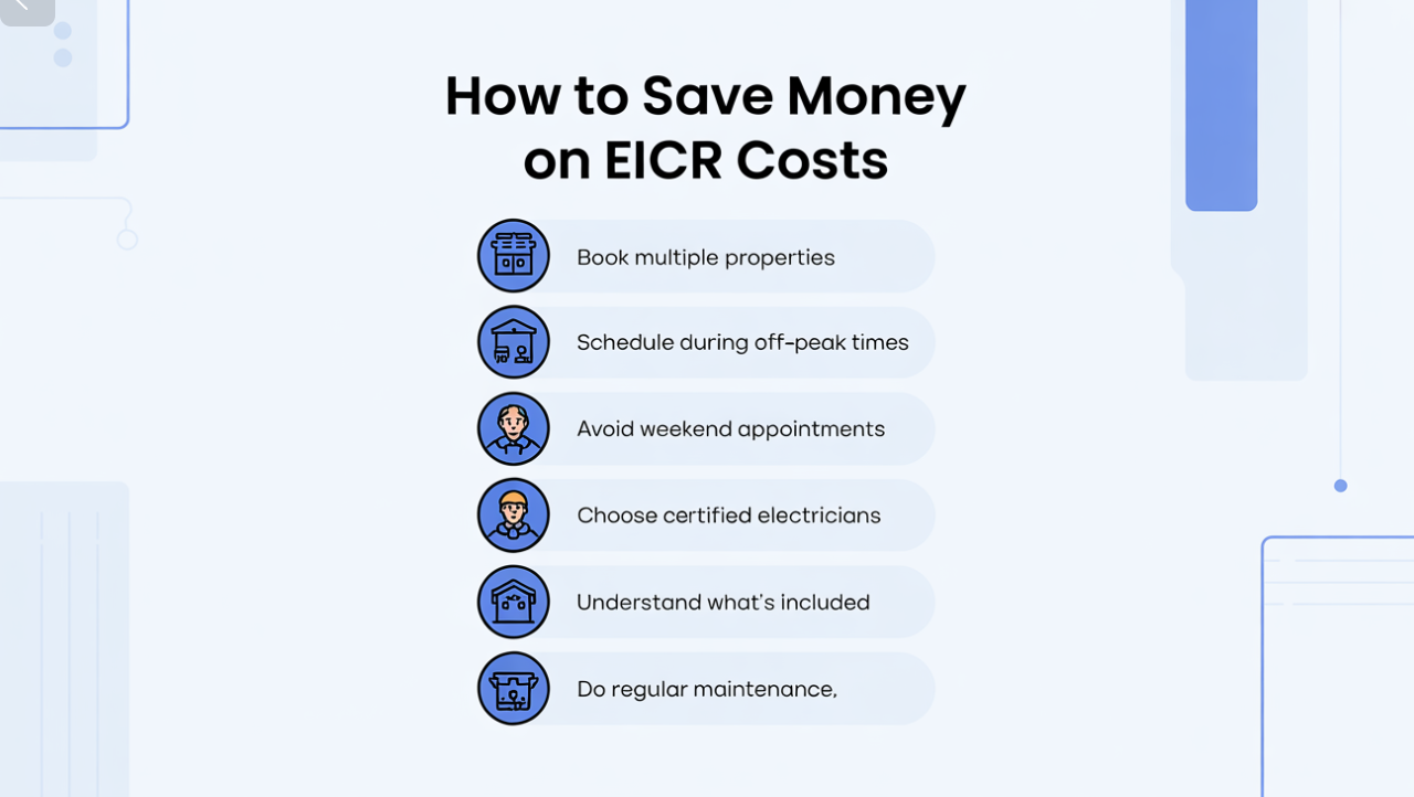 Checklist of tips to save money on EICR: bulk booking, off-peak timing, certified electricians, and more