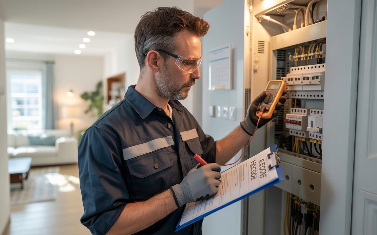 Electrician conducting an EICR safety check in a residential home, inspecting the fuse box for electrical compliance