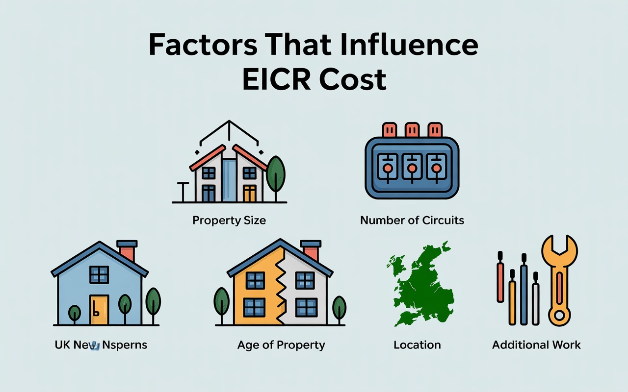 5 factors affecting EICR cost, property size, circuits, property age, location, and extra electrical work"