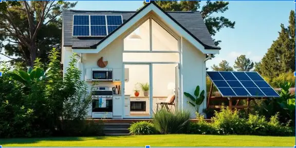 Modern eco-friendly house with rooftop solar panels, large glass windows, greenery, and high EPC rating for energy efficiency.